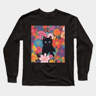 Bewitching Blooms, Black Cat in a Vibrant Garden Long Sleeve T-Shirt